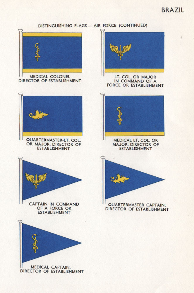 BRAZIL AIR FORCE FLAGS. Medical Colonel Lt. Colonel Quartermaster Captain 1958